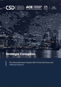 Cover page of a research report titled “Strategic Corruption: The Nexus Between Russian Illicit Financial Flows and Offshore Finance.” The design features a nighttime city skyline reflected on water, overlaid with a pixelated digital world map and data points. Logos for the Center for the Study of Democracy, ACE, University of Sussex, and the Centre for the Study of Corruption appear at the top.