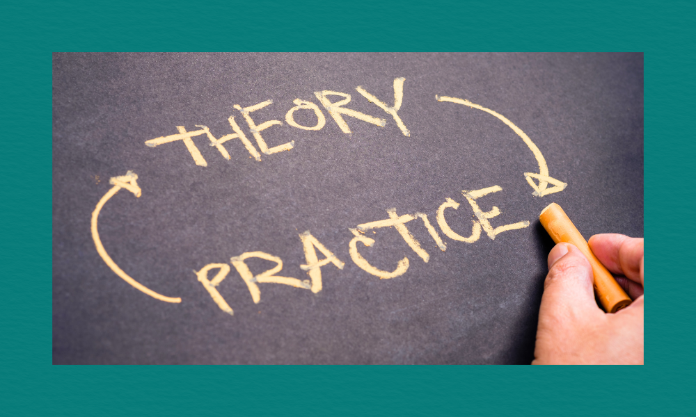 A hand holding a piece of chalk writes the words “THEORY” and “PRACTICE” on a dark chalkboard, with curved arrows connecting the two terms in a circular loop.
