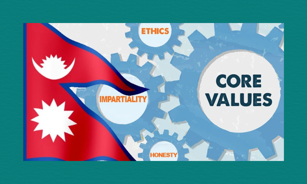 The Nepalese flag appears on the left, with its red double‑pennon shape and white moon and sun symbols. On the right, blue and white interlocking gears display the words “Ethics,” “Impartiality,” “Honesty,” and “Core Values,” visually linking national identity with guiding principles.
