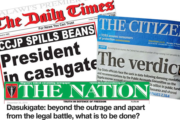 Headlines of scandals from Nigeria, Tanzania, and