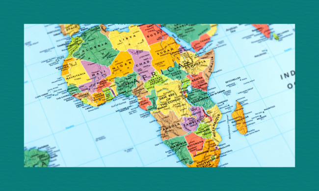 A detailed political map of Africa showing each country in a different color, with national borders and country names clearly labeled. Surrounding oceans and seas, including the Atlantic, Indian, and Mediterranean, frame the continent.