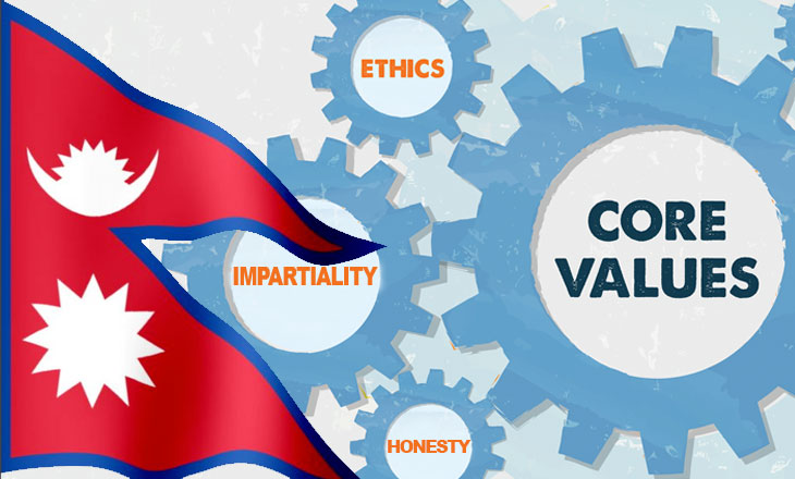 Nepal flag with interdependent cogs of core values ethics impartiality integrity