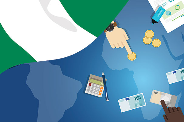 Nigerian flag over world map with hands moving money around African portion of map