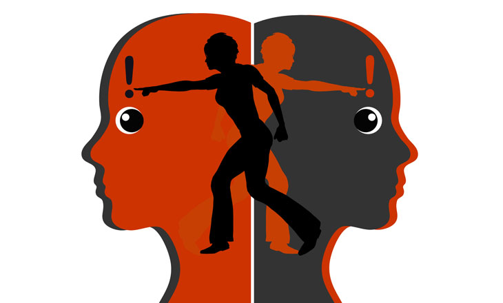 red and black heads in profile with opposite color people pointing toward exclamation mark in brain area