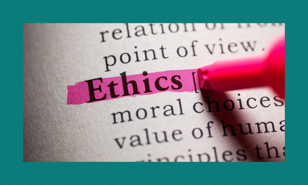 The word “Ethics” highlighted in pink on a printed page, with surrounding text slightly blurred, emphasising the concept in a dictionary‑style layout.