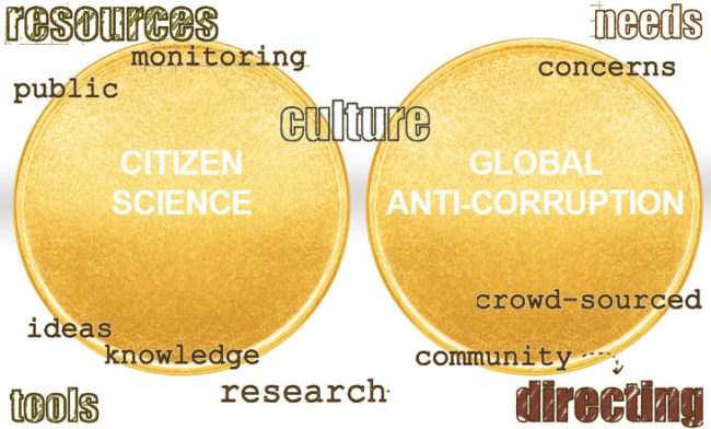 citizen science and global anti-corruption written on coins side by side with related words around