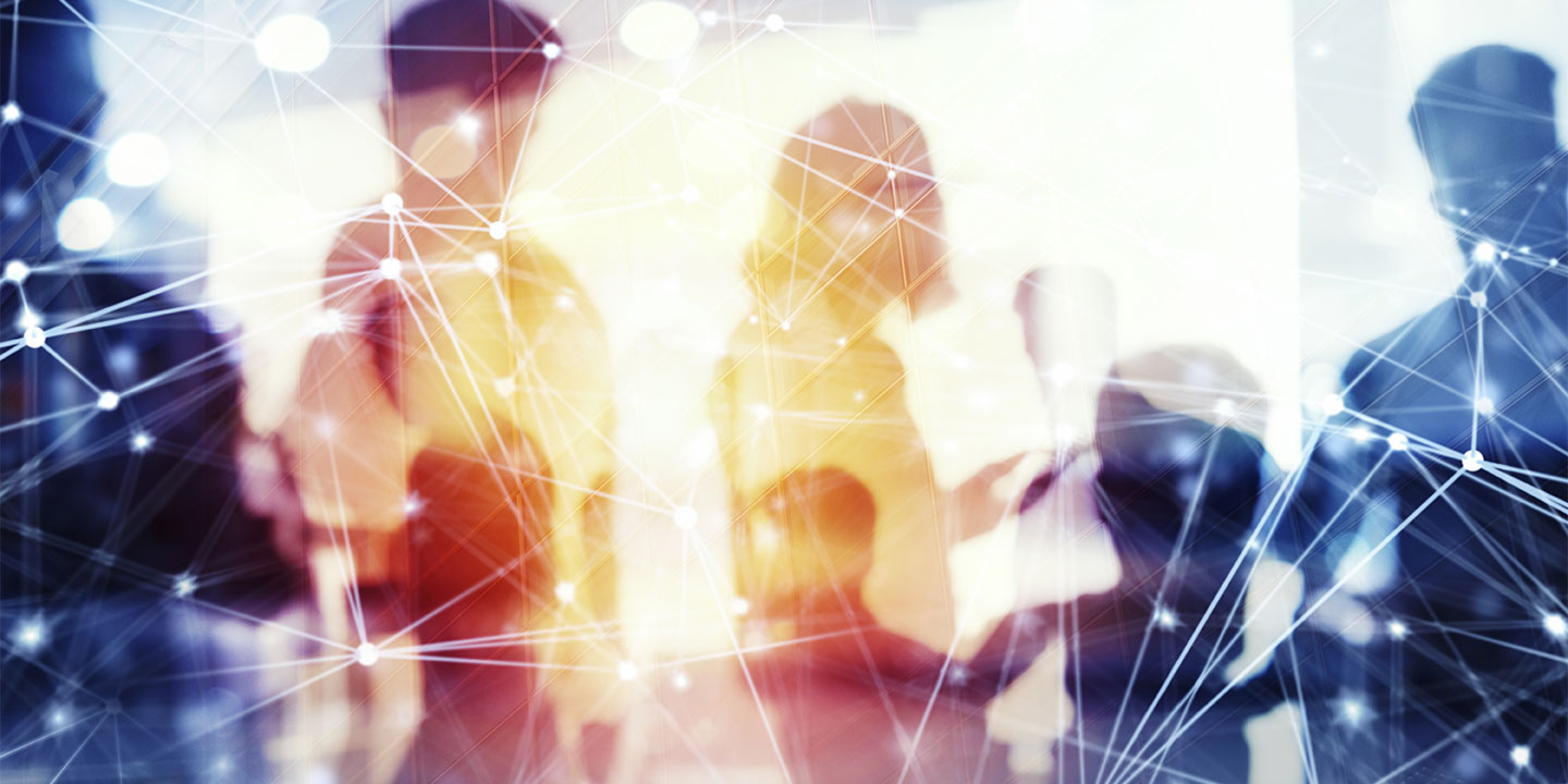 silhouettes of people - two in sunlight - with network connections overlaid