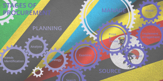 stages of procurement overlaid on Uganda and Tanzania flags