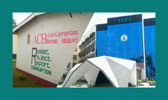 Two anti‑corruption agency buildings are shown side by side — a white Malawi ACB office with its emblem and the slogan “Resist Reject Report Corruption,” and a modern glass ICPC headquarters with blue reflective windows and a geometric white entrance structure.