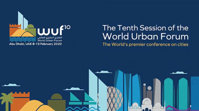 wuf world urban forum logo with city background