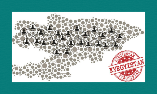 A stylised map of Kyrgyzstan made of grey circles, overlaid with connected human‑network icons, with a red circular “Kyrgyzstan” stamp on the right.