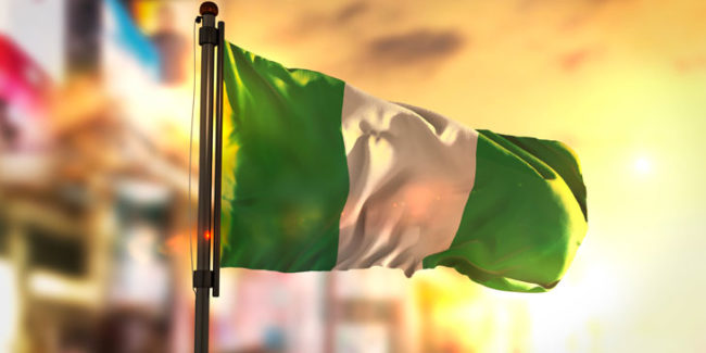 Nigerian flag with blurred sky and city background