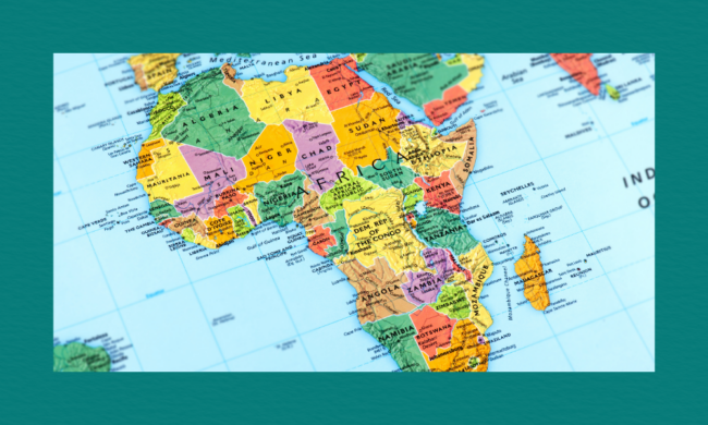 A colourful political map of Africa showing each country in a different shade, with national borders, country names, capital cities, and surrounding oceans and seas clearly labelled.