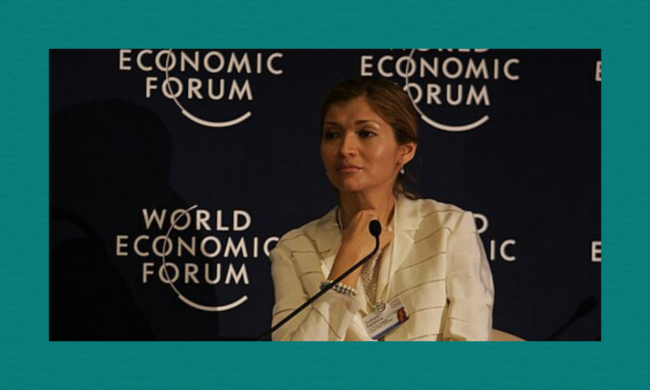The image shows Gulnara Karimova (Gulnora Karimova), the eldest daughter of Uzbekistan's former president Islam Karimov, speaking at the World Economic Forum on the Middle East in the Dead Sea, Jordan, on May 17, 2009, where she attended in her capacity as Chairperson of the Board of Trustees of the Social Initiatives Support Fund.