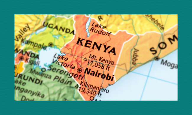 A close-up of an East Africa political map highlighting Kenya in orange, showing surrounding countries—Uganda, Tanzania, Somalia, and Burundi—with major landmarks such as Lake Victoria, Lake Turkana, Mount Kenya, Kilimanjaro, Nairobi, Kampala, and Kigali labeled.