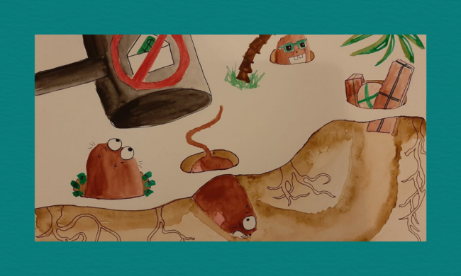 A whimsical illustration of cartoon moles in an underground tunnel system, with one above ground looking up at a hammer symbol marked with a red prohibition sign. Other moles appear in tunnels near roots and a palm tree, alongside a wooden crate with a green X.