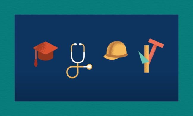 Four icons on a dark blue background: a red graduation cap, a yellow and white stethoscope, a yellow hard hat, and a set of geometric tools including a triangle and ruler.