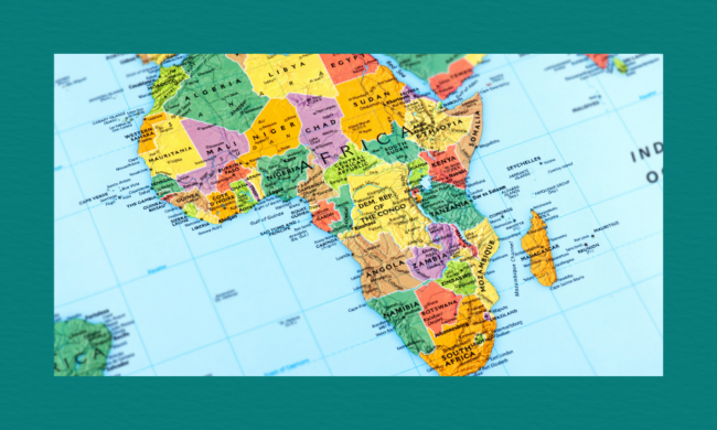 A political map of Africa showing all countries in distinct colours with their names labelled, along with surrounding bodies of water including the Atlantic Ocean, Indian Ocean, and Mediterranean Sea. Island nations such as Seychelles and Mauritius are also marked.