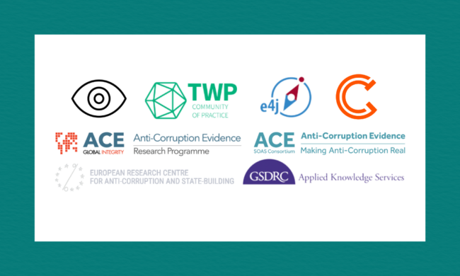 A collection of anti‑corruption and integrity‑focused organisational logos arranged in two rows on a white background with a teal border. The logos include symbols and wordmarks for initiatives such as ACE Global Integrity, ACE SOAS Consortium, the TWP Community of Practice, e4j, an orange circular “C” logo, a stylised eye icon, the European Research Centre for Anti‑Corruption and State‑Building, and GSDRC Applied Knowledge Services.