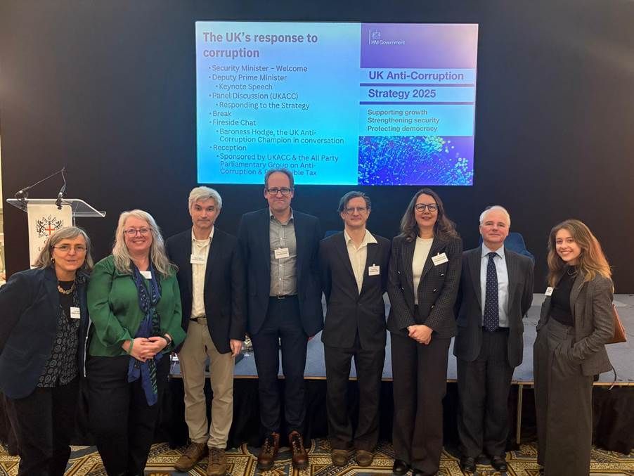 ACE researchers at the launch of the strategy. From left to right: Sue Hawley (Spotlight on Corruption), Dan Haberly, Heather Marquette (SOC ACE Director), John Heathershaw, Tom Mayne, Liz David-Barrett, Robert Barrington, and Maria Nizzero.