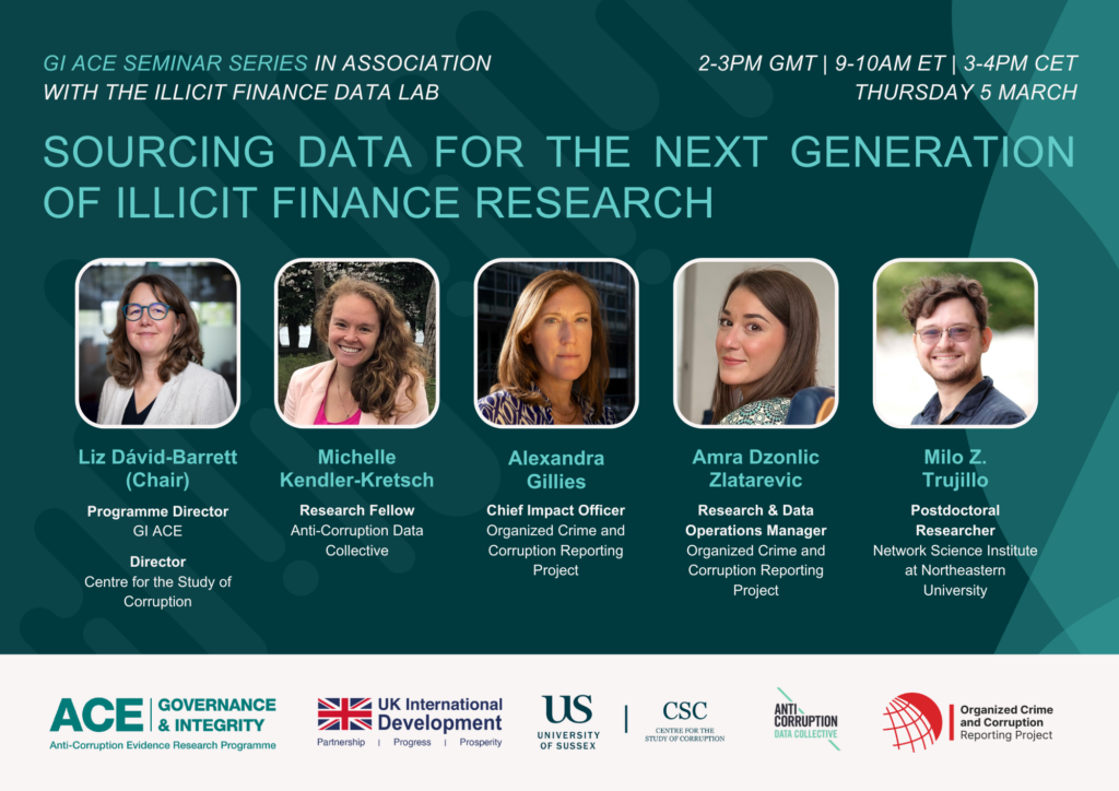 A digital promotional graphic for a GI ACE online seminar titled “Sourcing Data for the Next Generation of Illicit Finance Research.” It displays the date and time—Thursday 5 March, 2–3 PM GMT—with headshots of five speakers: Liz Dávid‑Barrett (chair), Michelle Kendler‑Kretsch, Alexandra Gillies, Amra Dzonlic Zlatarevic, and Milo Z. Trujillo. Their names, roles, and affiliations appear beside each photo. Logos for GI ACE, UK International Development, the University of Sussex Centre for the Study of Corruption, the Anti‑Corruption Data Collective, and OCCRP are shown along the bottom.