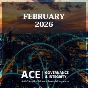 A city skyline at sunset with glowing digital network lines over the buildings, overlaid with the text “February 2026,” and the ACE Governance & Integrity Anti‑Corruption Evidence Research Programme logo at the bottom.