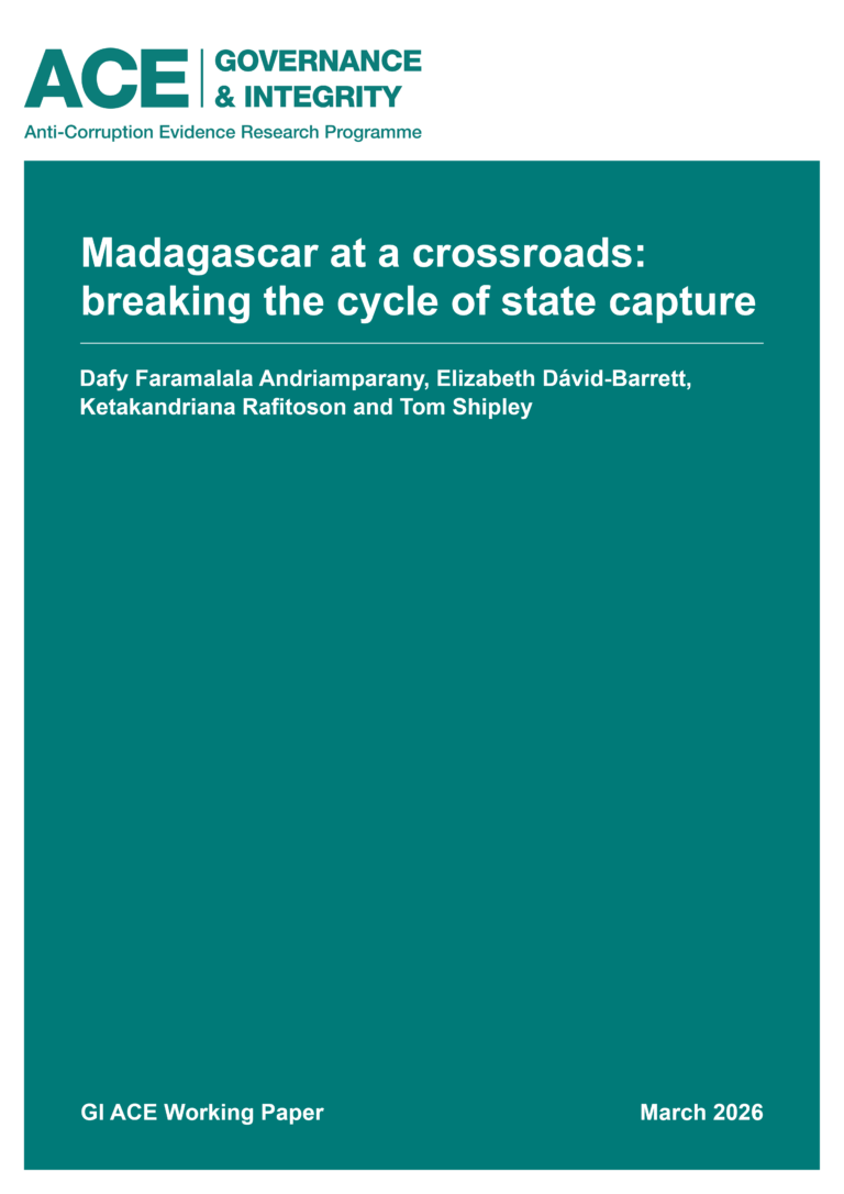 Cover of a GI ACE working paper titled “Madagascar at a crossroads: breaking the cycle of state capture,” authored by Dafy Faramalala Andriamparany, Elizabeth Dávid‑Barrett, Ketakandriana Rafitoson, and Tom Shipley, featuring GI ACE branding and dated March 2026.