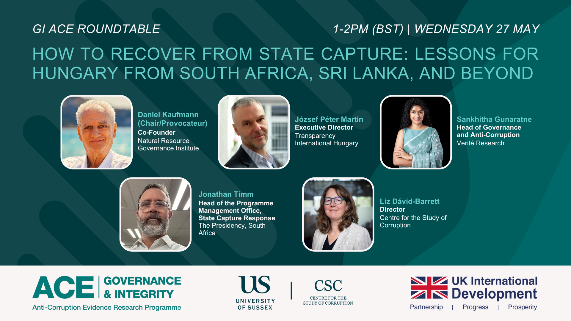 Promotional graphic for a GI ACE roundtable titled “How to Recover from State Capture: Lessons for Hungary from South Africa, Sri Lanka, and Beyond.” It lists the date and time — Wednesday 27 May, 1–2 PM (BST) — and features headshots of five speakers with their names and affiliations: Daniel Kaufmann (Chair/Provocateur), József Péter Martin, Sankhitha Gunaratne, Jonathan Timm, and Liz Dávid‑Barrett. Logos for ACE (Governance & Integrity), the University of Sussex, the Centre for the Study of Corruption, and UK International Development appear at the bottom.