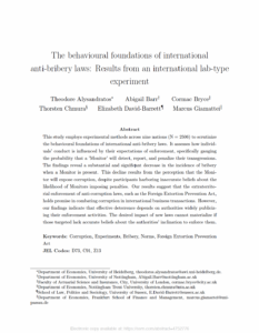 First page of an academic paper titled “The behavioural foundations of international anti-bribery laws: Results from an international lab-type experiment.” The page lists six authors with university affiliations and presents an abstract summarising a cross‑national experiment on how expectations of enforcement influence bribery behaviour. Keywords and JEL codes appear at the bottom of the page.