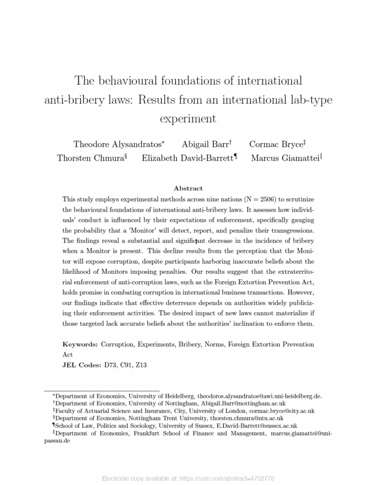 First page of an academic paper titled “The behavioural foundations of international anti-bribery laws: Results from an international lab-type experiment.” The page lists six authors with university affiliations and presents an abstract summarising a cross‑national experiment on how expectations of enforcement influence bribery behaviour. Keywords and JEL codes appear at the bottom of the page.