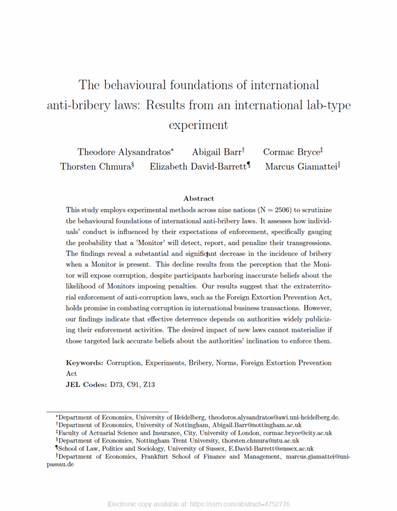 First page of an academic paper titled “The behavioural foundations of international anti-bribery laws: Results from an international lab-type experiment.” The page lists six authors with university affiliations and presents an abstract summarising a cross‑national experiment on how expectations of enforcement influence bribery behaviour. Keywords and JEL codes appear at the bottom of the page.