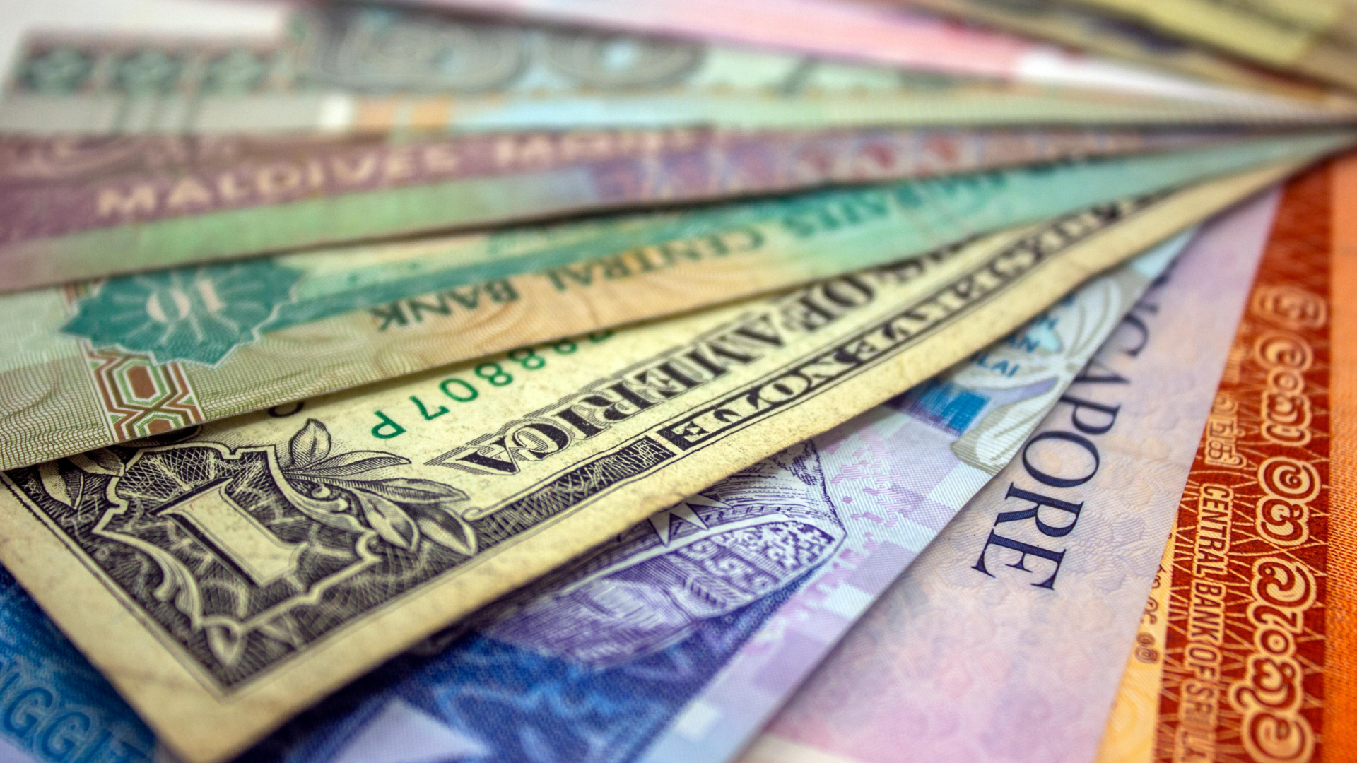 Close-up of assorted international banknotes from multiple countries arranged in a fan-like spread, showing varied colours, designs, and denominations.