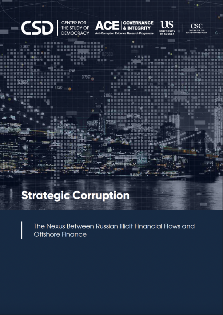 Cover page of a research report titled “Strategic Corruption: The Nexus Between Russian Illicit Financial Flows and Offshore Finance.” The design features a nighttime city skyline reflected on water, overlaid with a pixelated digital world map and data points. Logos for the Center for the Study of Democracy, ACE, University of Sussex, and the Centre for the Study of Corruption appear at the top.