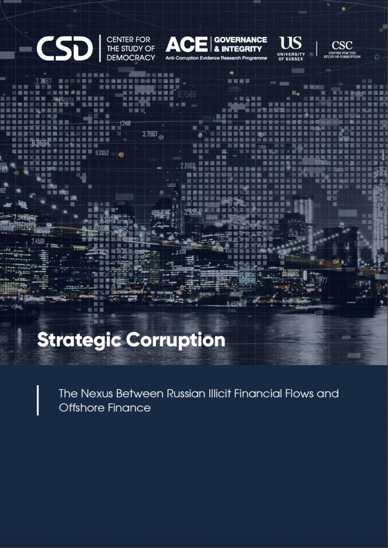 Cover page of a research report titled “Strategic Corruption: The Nexus Between Russian Illicit Financial Flows and Offshore Finance.” The design features a nighttime city skyline reflected on water, overlaid with a pixelated digital world map and data points. Logos for the Center for the Study of Democracy, ACE, University of Sussex, and the Centre for the Study of Corruption appear at the top.