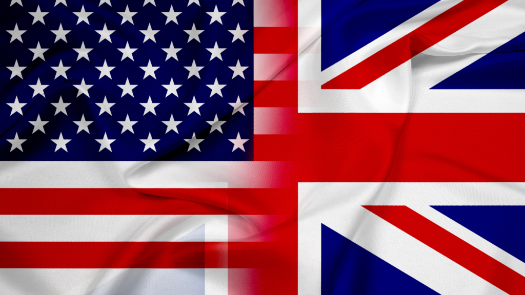 A blended image combining the United States flag on the left and the United Kingdom’s Union Jack on the right