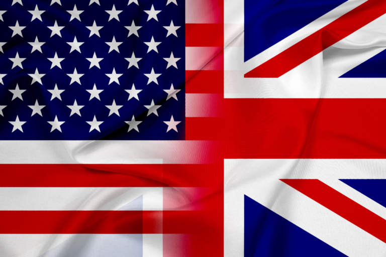 A blended image combining the United States flag on the left and the United Kingdom’s Union Jack on the right