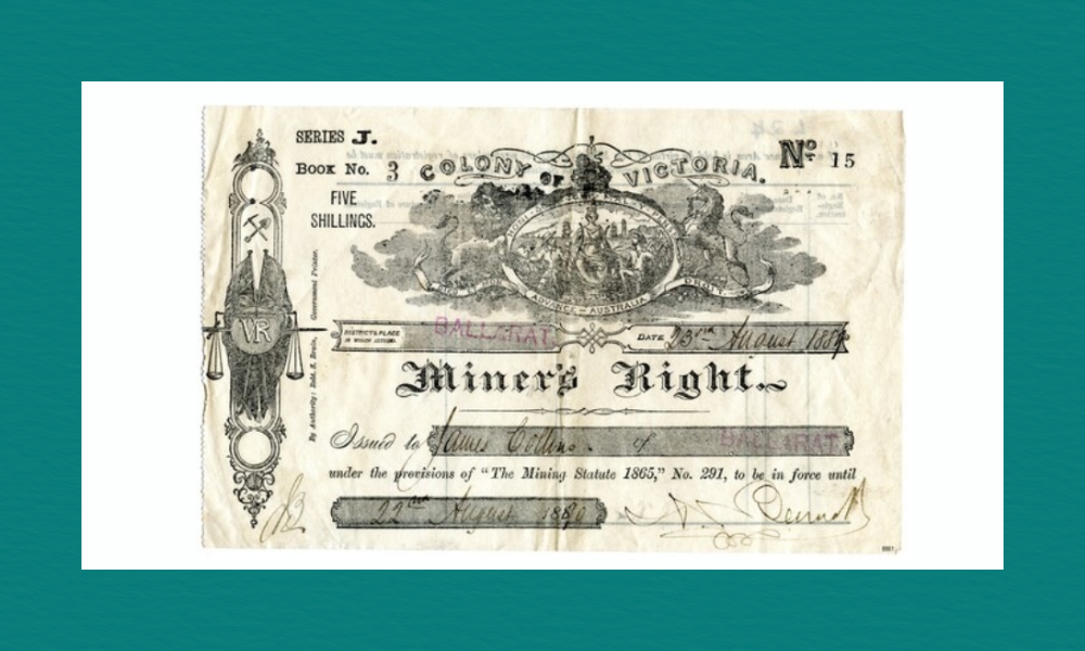 Historical “Miner’s Right” certificate from the Colony of Victoria dated 13 August 1884, featuring ornate emblems, official stamps, and handwritten details granting mining rights.